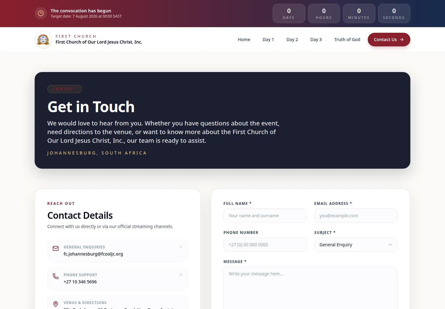 Contact page with enquiry details and the contact form