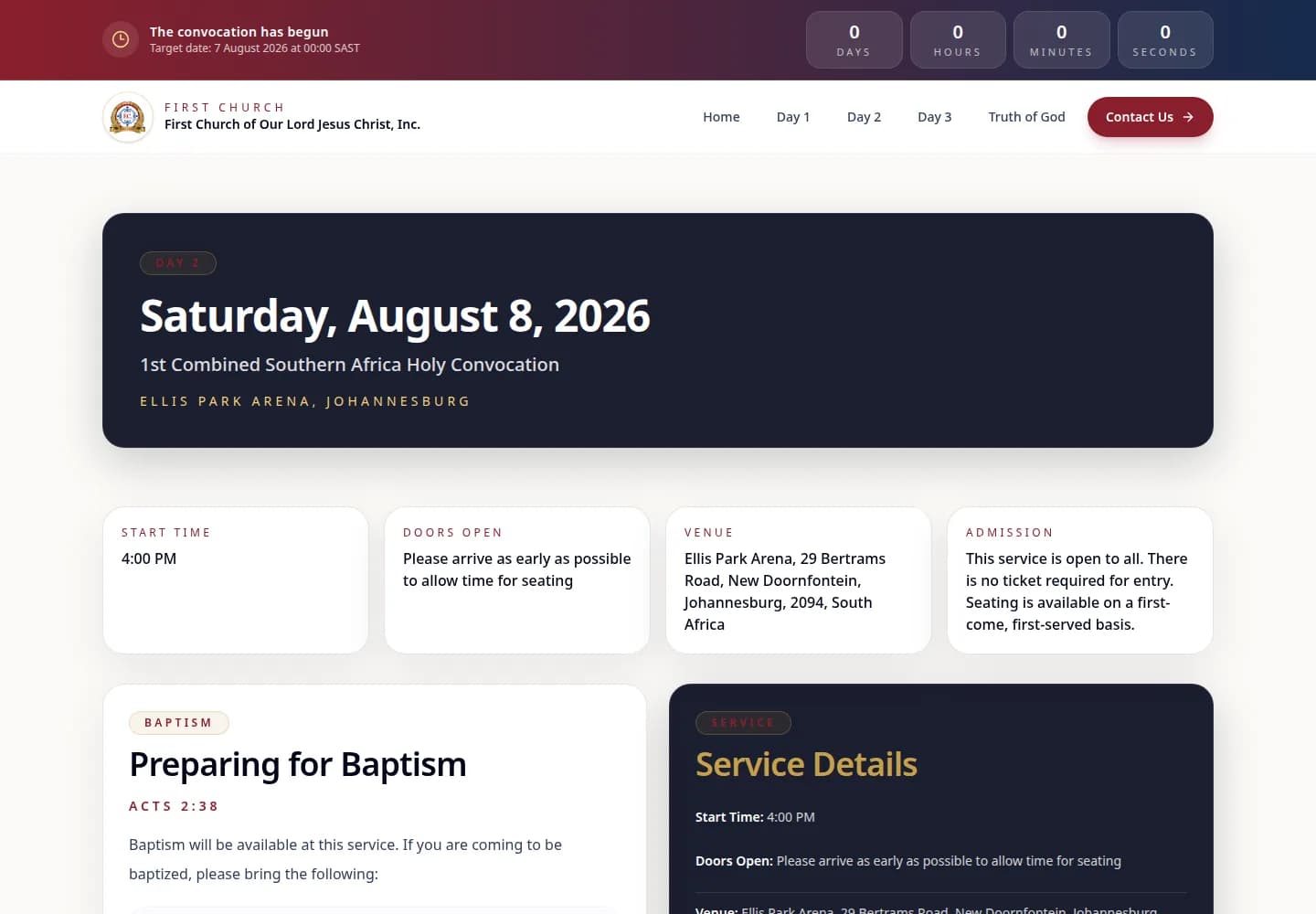 Saturday service page: start time, doors, venue, admission and baptism