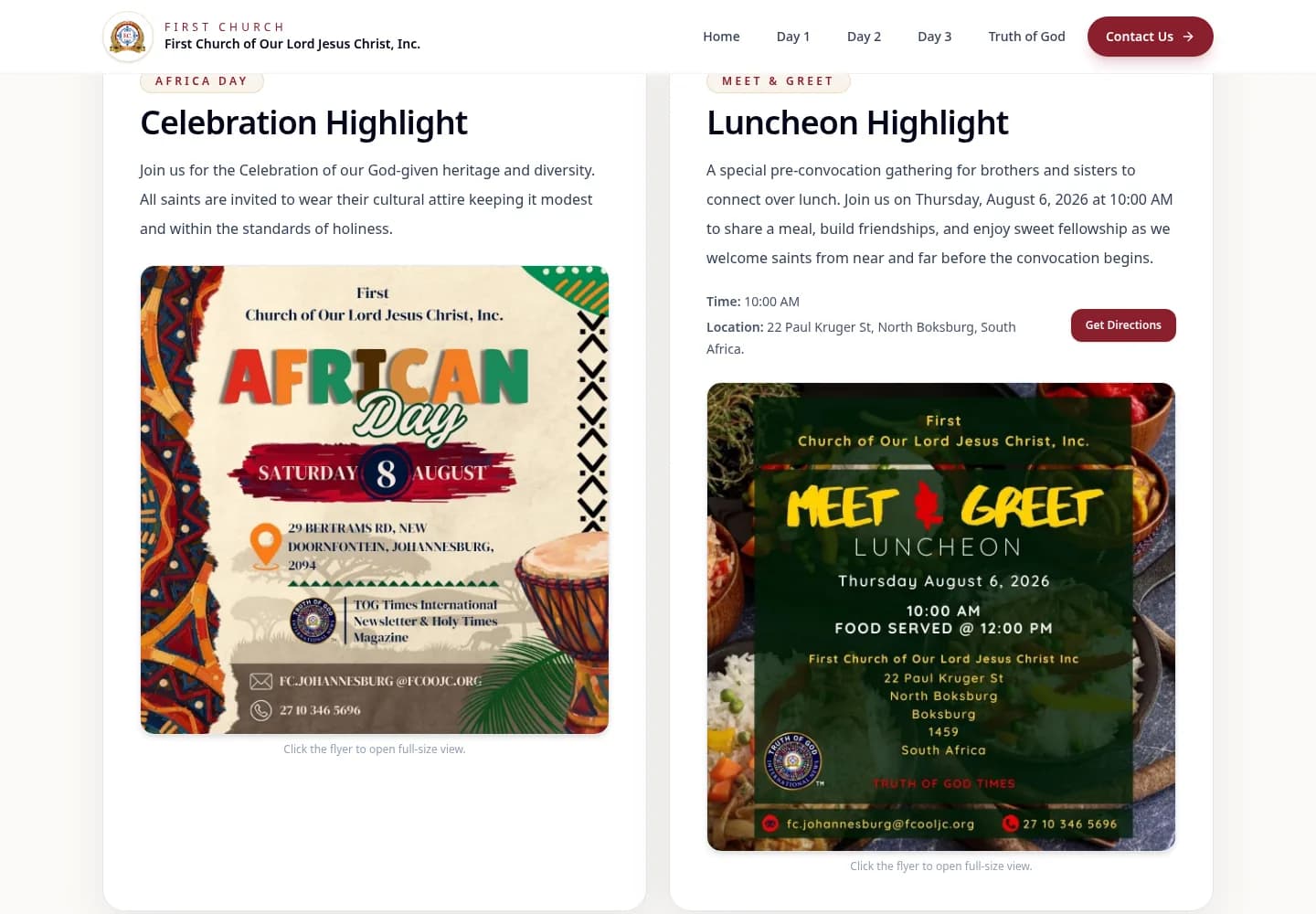 Africa Day celebration and Meet & Greet luncheon flyers, with time and directions