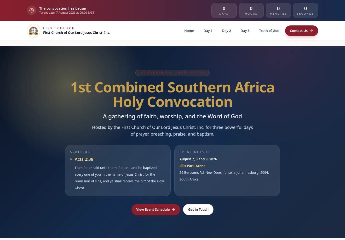 Homepage hero with the live countdown, opening scripture and event details