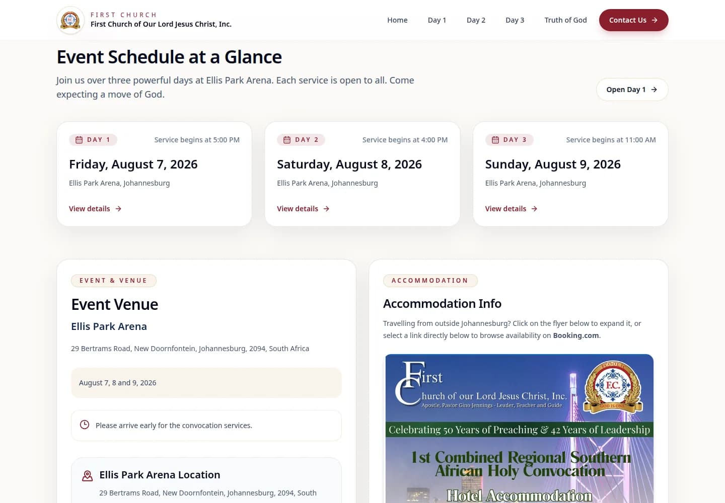 The three-day schedule at a glance, with each service's start time