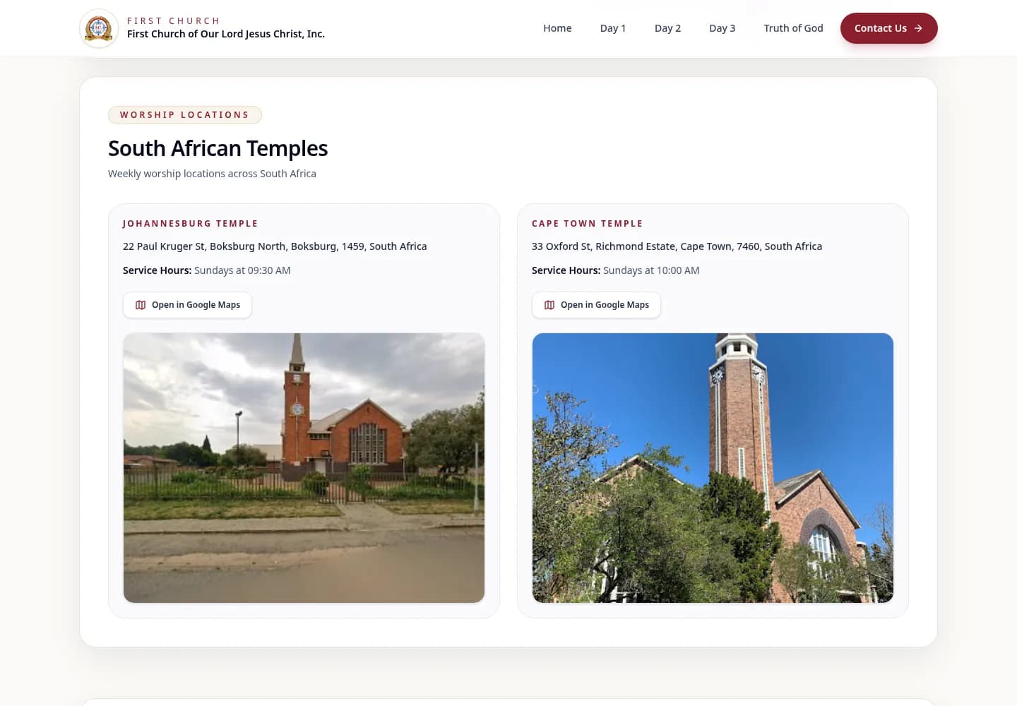 Johannesburg and Cape Town temples with Sunday service times
