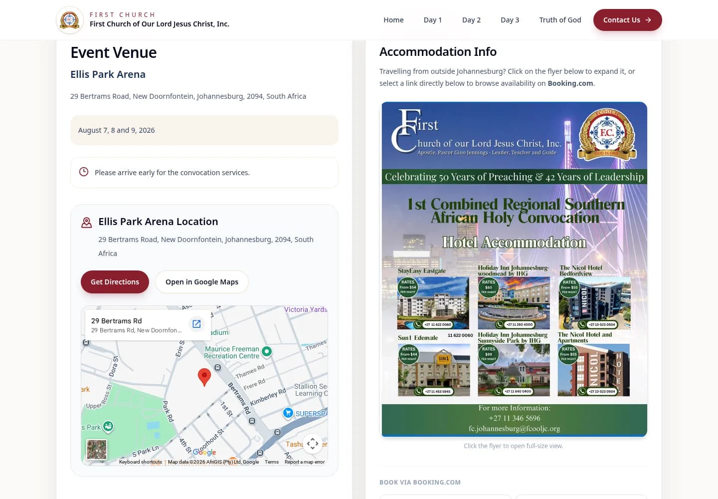 Ellis Park Arena directions beside the accommodation flyer and Booking.com links