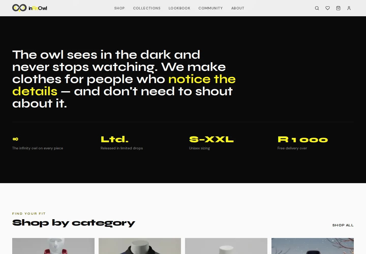 Brand statement: the owl sees in the dark, with the label's promises underneath