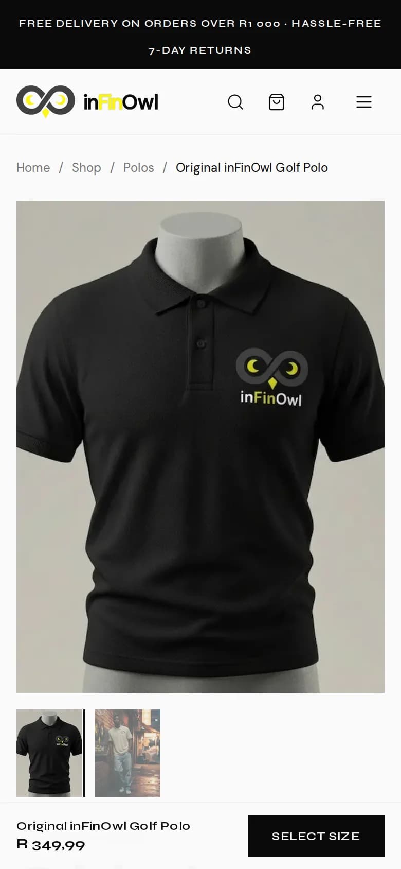 Mobile product page for the Original inFinOwl Golf Polo