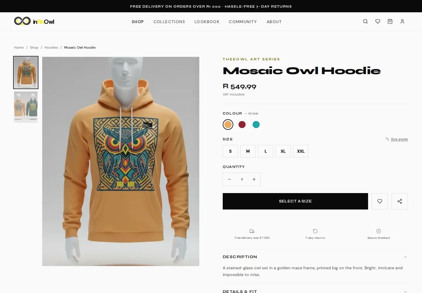 Product page with image rail, colour swatches, sizes and delivery details