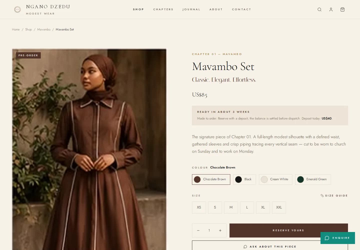 Product page with deposit terms, colours, sizes and Reserve yours