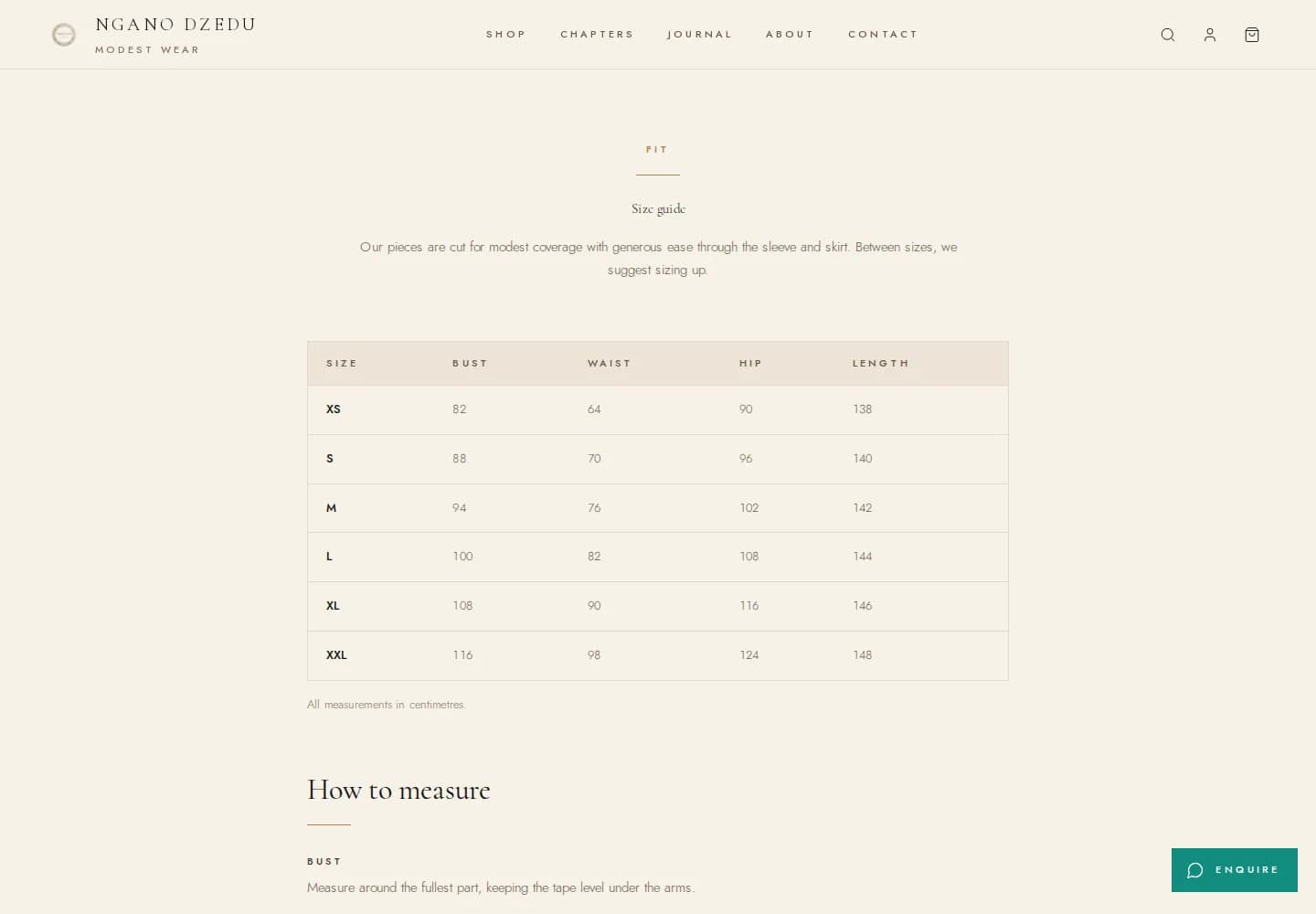 Size guide with measurements and how to measure