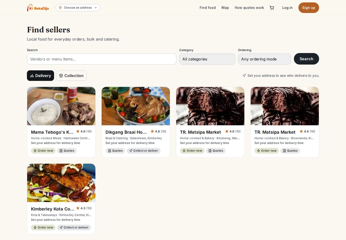 Find sellers: search, category and ordering-mode filters, for delivery or collection