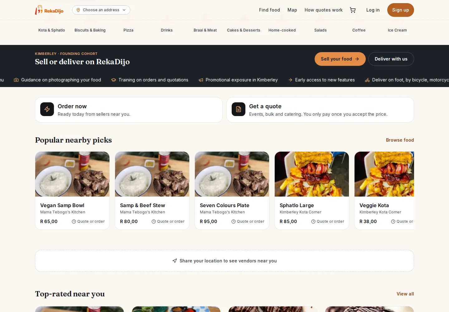 Homepage categories, the Kimberley founding-cohort strip and popular nearby picks