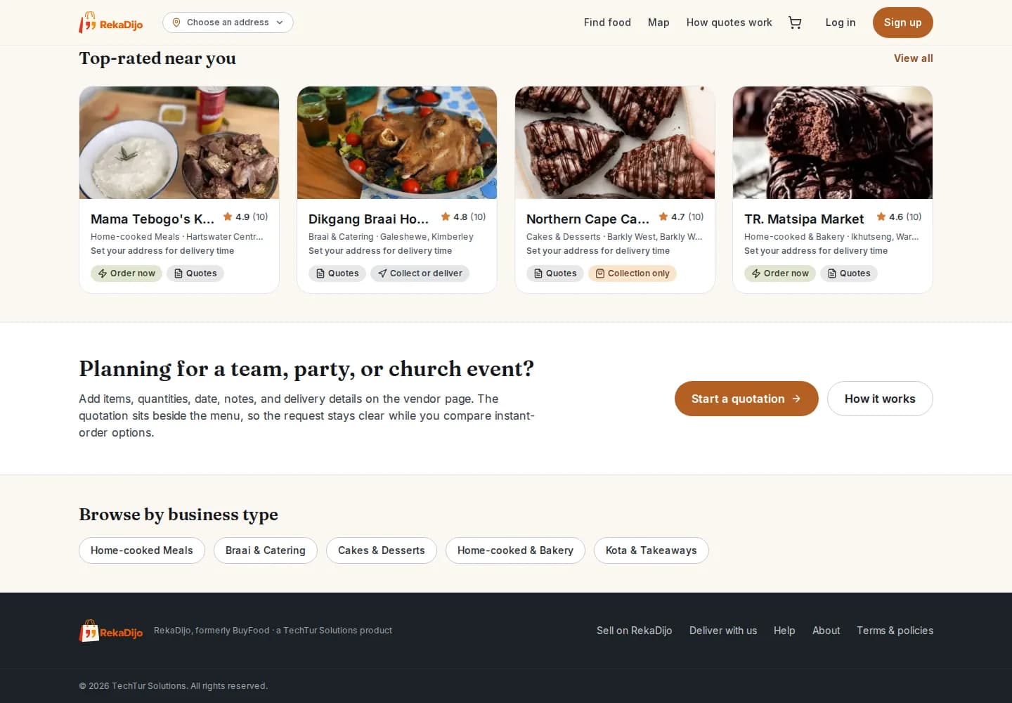 Top-rated sellers and the prompt to start a quotation for a team, party or church event