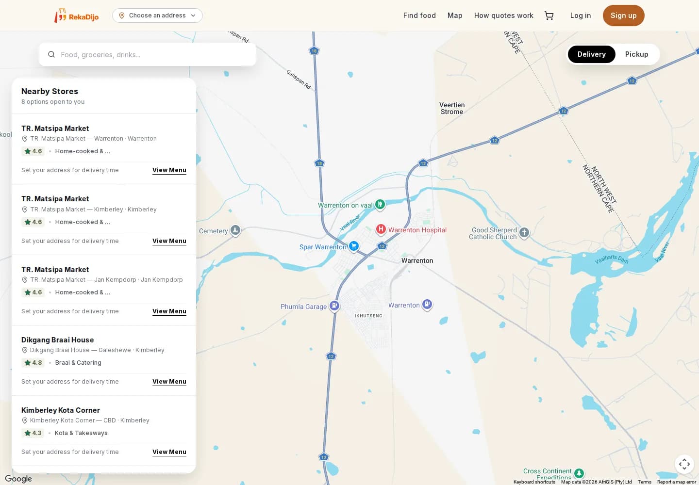 Map of nearby stores with delivery and pickup modes
