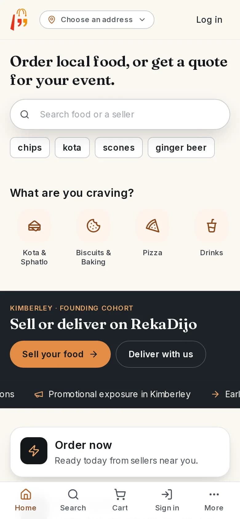 Mobile homepage with search, categories and bottom navigation