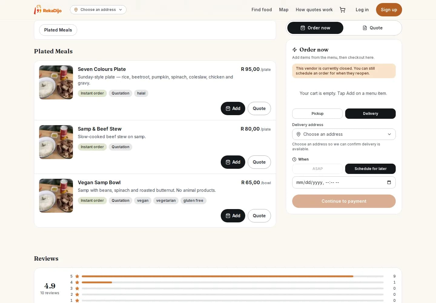 Seller menu with instant-order and quotation options beside the Order now panel