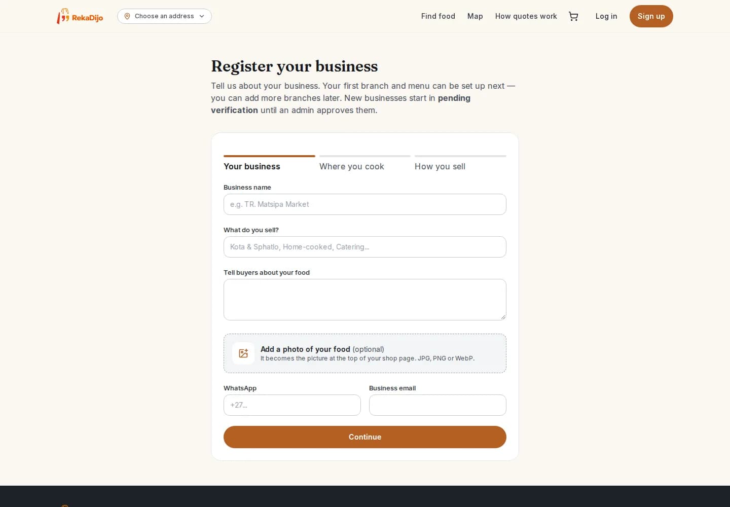 Three-step business registration, asking for a photo of the seller's own food