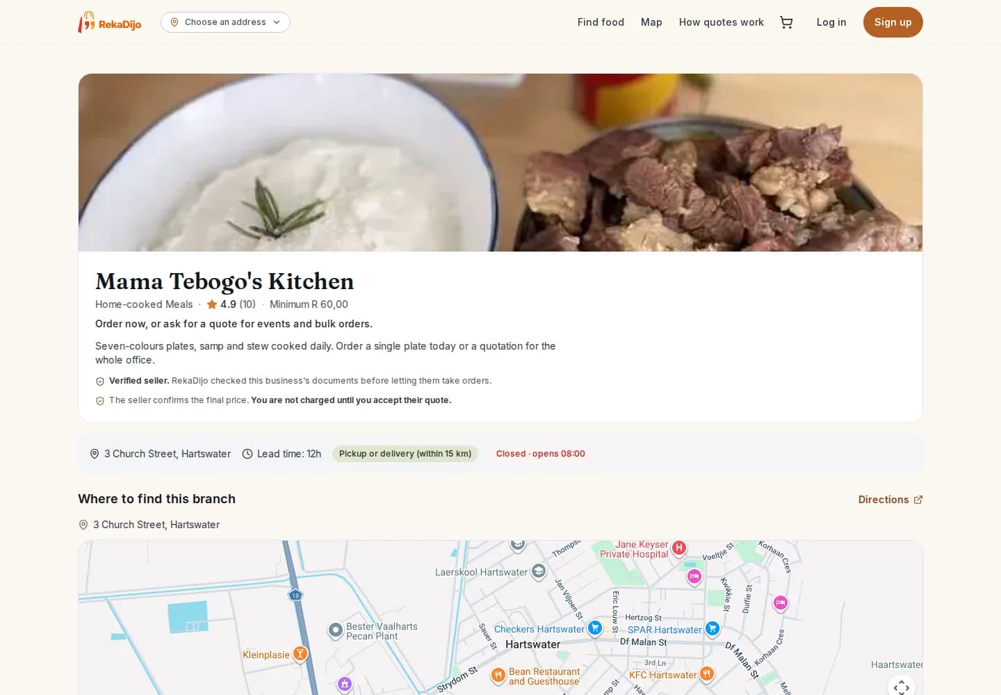 Seller page with verification, lead time, delivery radius and a branch map