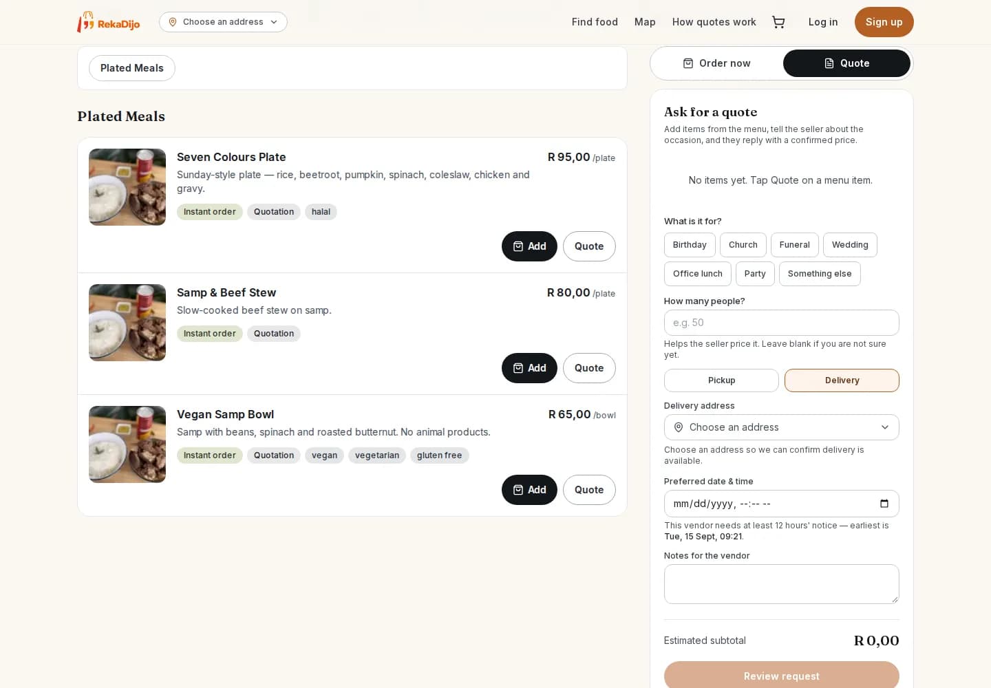 The Quote panel: occasion, head count, delivery and preferred date